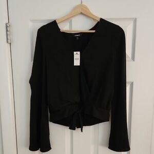 Express Black Tie-Front Long Sleeve V-Neck Top